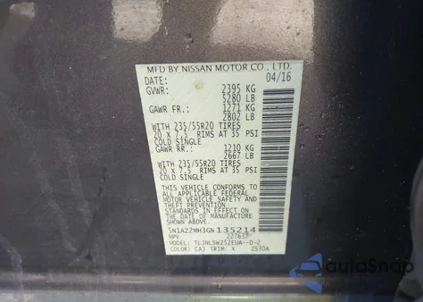 2016 Nissan Murano Platinum from USA, damaged, VIN 5N1AZ2MH3GN135214